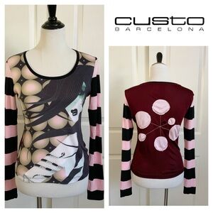 Rare Custo Barcelona Long Sleeve Top - Long Haired Girl - Burgundy & Black - Med
